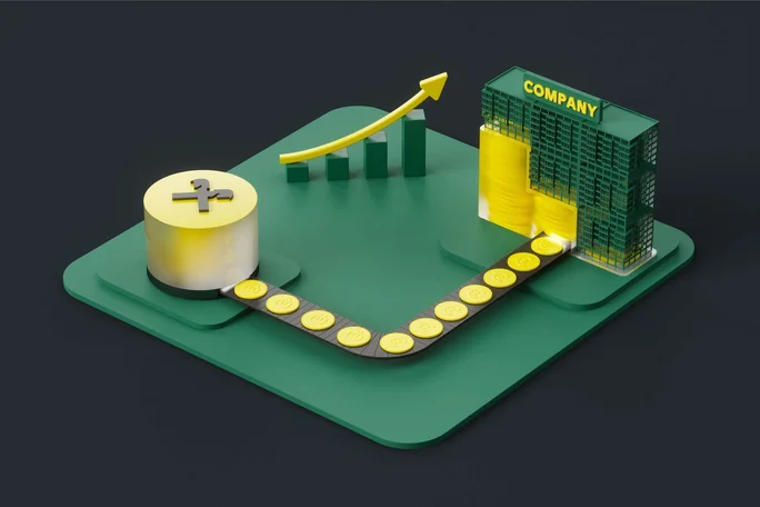 3D-Illustration, die Münzen zeigt, die von einer Investitionsquelle zu einem Firmengebäude wandern, mit einem steigenden Balkendiagramm und einem Aufwärtspfeil, der Unternehmensfinanzierung, finanzielles Wachstum und Unternehmenserfolg darstellt.