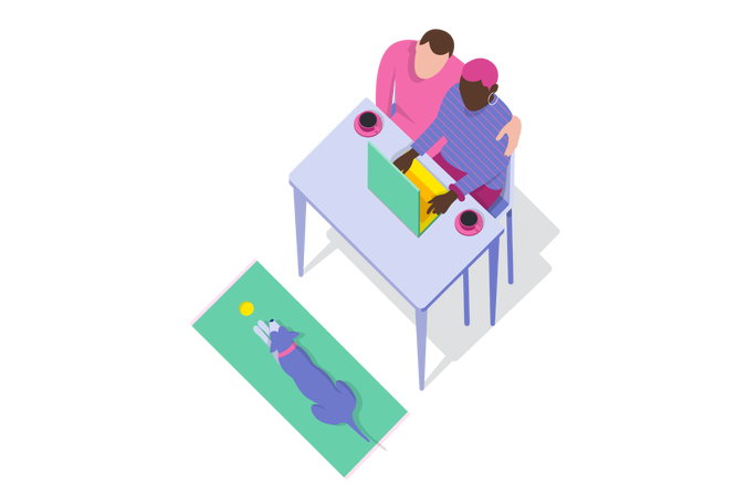 Illustration von zwei Personen, die eng beieinander an einem Tisch mit Laptop und Kaffeetassen sitzen, während ein Hund auf einer Matte in der Nähe liegt.