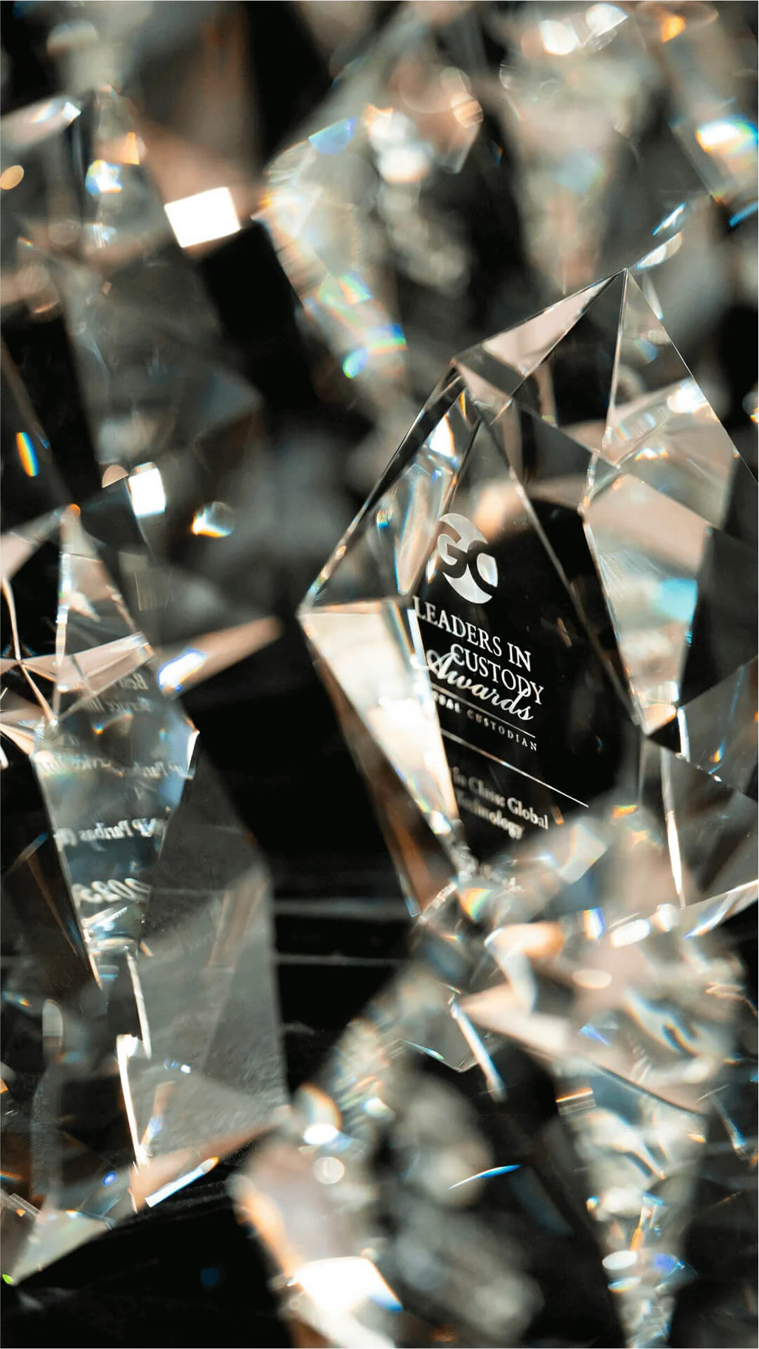 A close-up of crystal trophies from the Leaders in Custody Awards, showcasing their elegant design and intricate details.