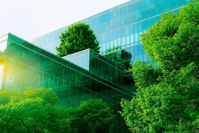 Modernes Bürogebäude aus Glas, umgeben von leuchtend grünen Bäumen, das das Engagement für umweltfreundliche Architektur und nachhaltige Stadtgestaltung widerspiegelt.