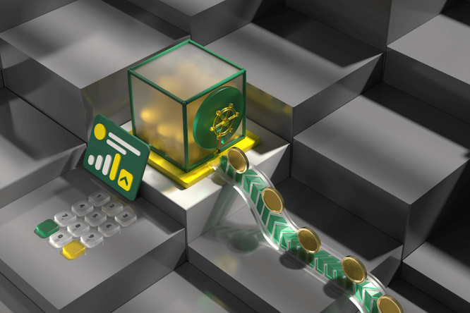 A green transparent cube with a golden network icon sits on a metallic stepped surface, suggesting digital finance or blockchain technology. Nearby, a green card displays abstract chart graphics and a triangular symbol, evoking data analytics and performance metrics. A ribbon-like chain with circular gold tokens flows diagonally across the scene, reinforcing the concept of digital currency or value transfer. The overall composition uses metallic grays, greens, and golds for a futuristic, tech-focused aesthetic.