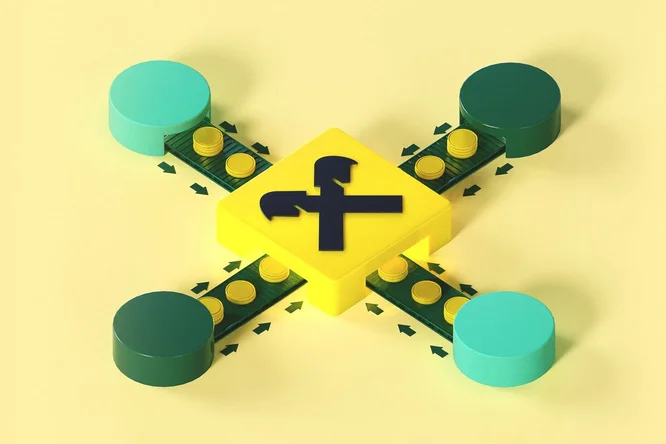 Eine abstrakte Illustration eines digitalen Geldtransfernetzwerks. Münzen bewegen sich auf Förderbändern zu einem zentralen gelben Giebelkreuz. Das Bild symbolisiert effiziente Finanztransaktionen und vernetzte Bankensysteme.