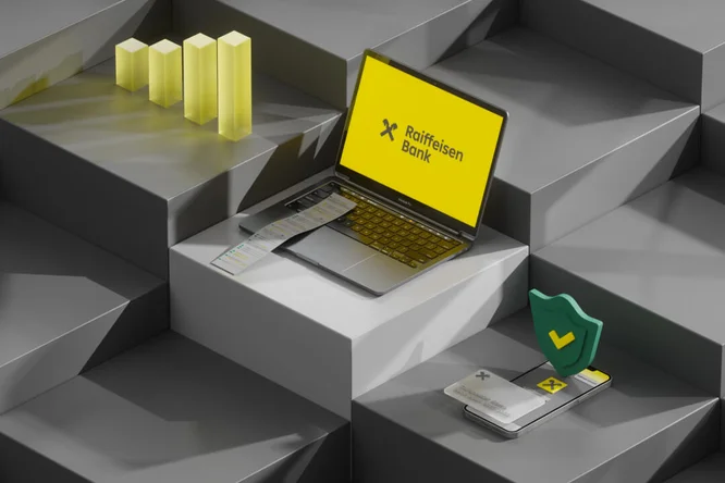 Eine konzeptionelle Darstellung moderner Banktechnologie mit Laptop, Diagrammen und einem mobilen Sicherheitsschild.