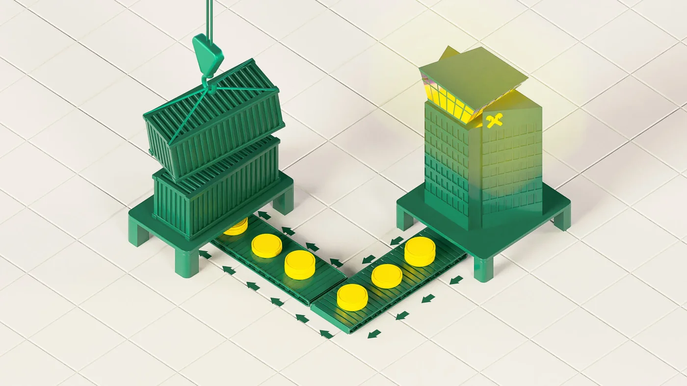 Eine stilisierte digitale Illustration zeigt zwei grüne Gebäude, die durch ein Förderband mit gelben Münzen verbunden sind. Das linke Gebäude erinnert an eine traditionelle Bank, während das rechte modern gestaltet ist und ein leuchtendes „X“-Symbol trägt. Die Szene spielt sich auf einem weißen, gekachelten Hintergrund ab und unterstreicht das Konzept von finanziellem Austausch oder Transfer.