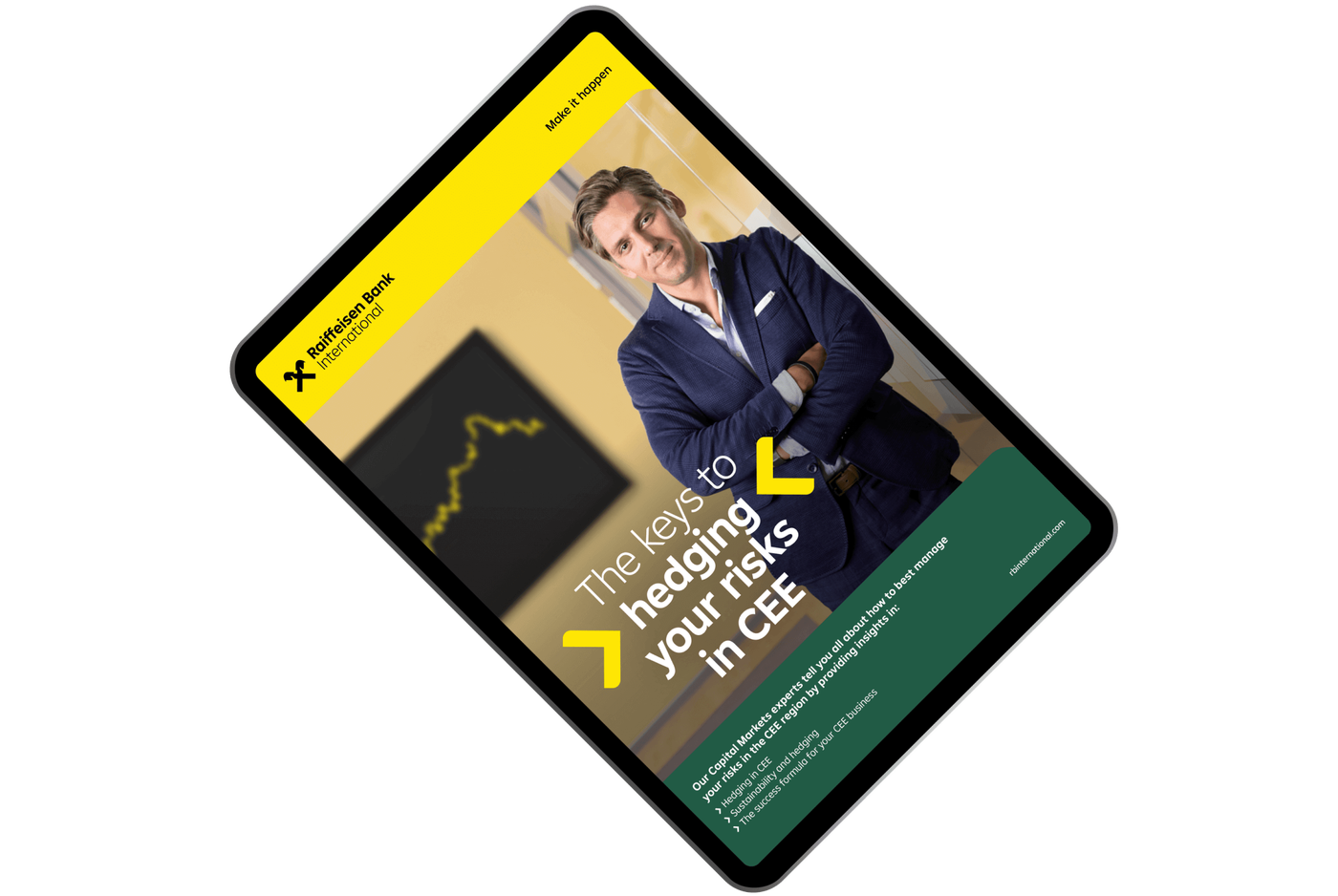 Digital brochure from Raiffeisen Bank International detailing strategies for hedging risks in Central and Eastern Europe (CEE). The cover features a professional in a financial office setting, with a graph chart in the background, highlighting the focus on financial risk management.