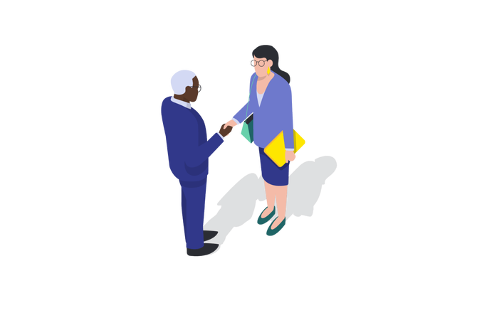 Eine Illustration zweier Personen, die sich die Hände schütteln und so eine berufliche Vereinbarung oder Partnerschaft symbolisieren. Die Szene ist minimalistisch, mit klaren Bildern und dem Fokus auf die Interaktion. Eine Person ist älter und hat graues Haar, die andere wirkt jünger. Beide tragen formelle Kleidung. Helle Farben wie Blau und Gelb verleihen der Szene Lebendigkeit.