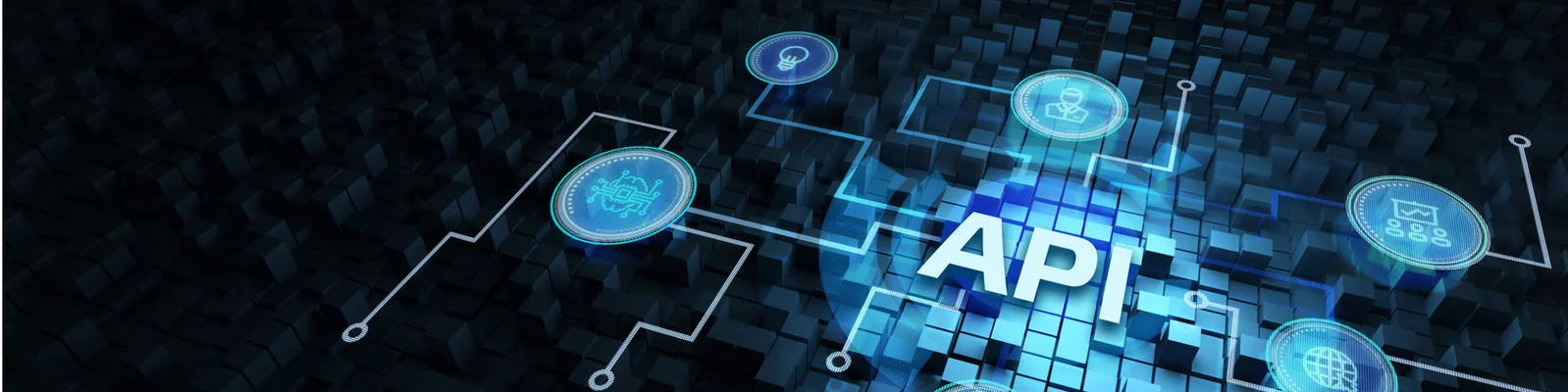 Eine digitale Illustration, die das Konzept der API-Konnektivität zeigt, mit verbundenen Symbolen und Datenpunkten vor einem dunklen, geometrischen Hintergrund. Das Wort "API" ist deutlich sichtbar und betont seine Bedeutung in der Technologie.