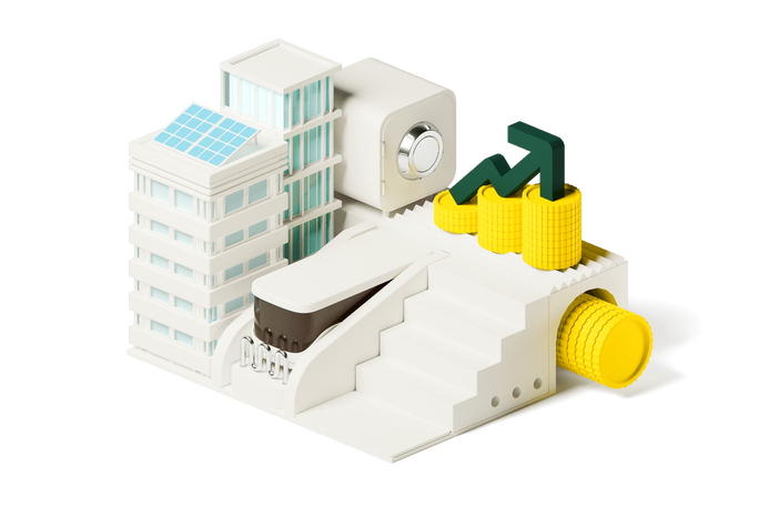 3D-Illustration moderner Bürogebäude mit Solarmodulen, einem sicheren Tresor, Münzstapeln und einem nach oben gerichteten Pfeil, der nachhaltiges Wachstum, finanzielle Sicherheit und grüne Geschäftsinnovationen symbolisiert.