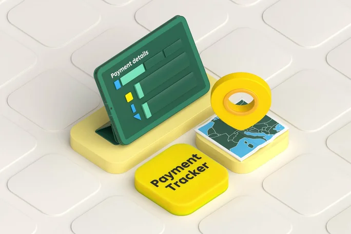 Payment Tracker Illustration, yellow rectangle, map, graph