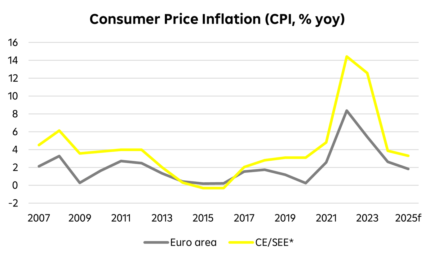 This chart highlights the trends in consumer price inflation (CPI) from 2007 to 2025, comparing the Central and Southeastern Europe (CE/SEE) region with the Euro area. Discover the inflationary patterns and forecasts for the coming years, offering insights into regional economic stability and challenges.