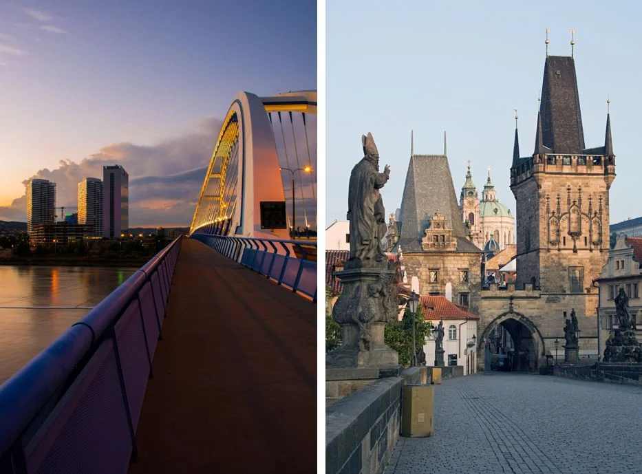 Ein malerischer Blick auf eine moderne Brücke in Bratislava bei Sonnenuntergang neben historischer Architektur auf der Karlsbrücke in Prag.
