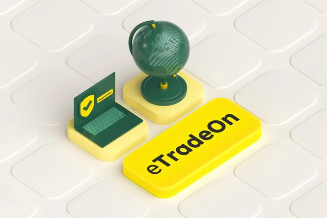 Eine digitale Illustration eines Globus, eines Laptops mit Sicherheitsschild und eines auffälligen „eTradeon“-Labels, das internationalen Online-Handel, digitale Finanzen und globalen Marktzugang symbolisiert.