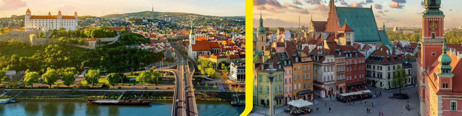 Eine schöne Teilansicht, die das historische Bratislava Castle in der Slowakei links und die lebendige Architektur von Warschau, Polen, rechts zeigt. Die Bilder fangen den Charme beider Städte bei Sonnenuntergang ein.
