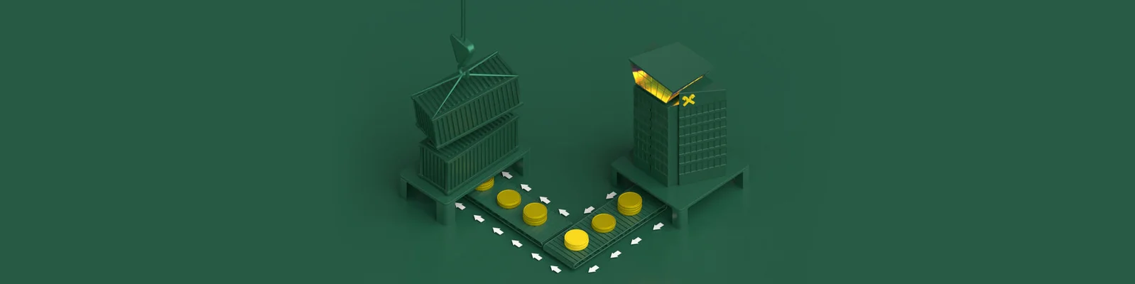 Illustratives Konzept für Infrastrukturinvestitionen mit Gebäuden und einem Kran, der Münzen bewegt – symbolisiert den Kapitalfluss in der grünen Stadtentwicklung.