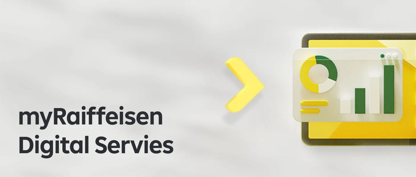 Eine Grafik, die die myRaiffeisen-Digitaldienste zeigt, mit Datenvisualisierungen wie Diagrammen und Grafiken. Der leuchtend gelbe Hintergrund und die modernen Designelemente betonen den digitalen Fokus der Dienste.
