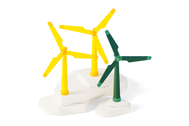 An illustration of three windmills, one is green and two are yellow
