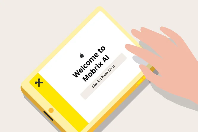 Eine illustrierte Hand interagiert mit einem gelben Tablet, auf dem der Begrüßungsbildschirm von Mobrix AI angezeigt wird. Die Benutzeroberfläche zeigt den Text „Willkommen bei Mobrix AI“ und eine Schaltfläche mit der Aufschrift „Neuen Chat starten“. Ein schlichtes Symbol befindet sich in der linken Seitenleiste des Geräts. Das Design zeichnet sich durch flache, minimalistische Grafiken in sanften Farben und eine klare Typografie aus.