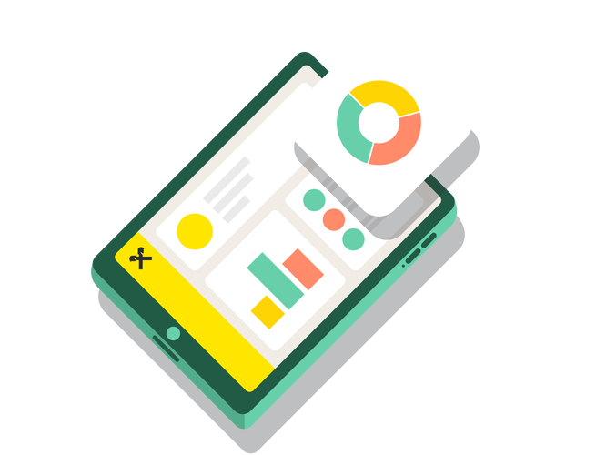 Isometric illustration of a smartphone displaying a colorful analytics dashboard. The screen shows charts, graphs, and circular icons in a flat design style. A floating card with a multicolored donut chart hovers above the device, emphasizing data visualization. Bright green, yellow, orange, and teal tones create a modern, playful look suitable for tech or app concepts.