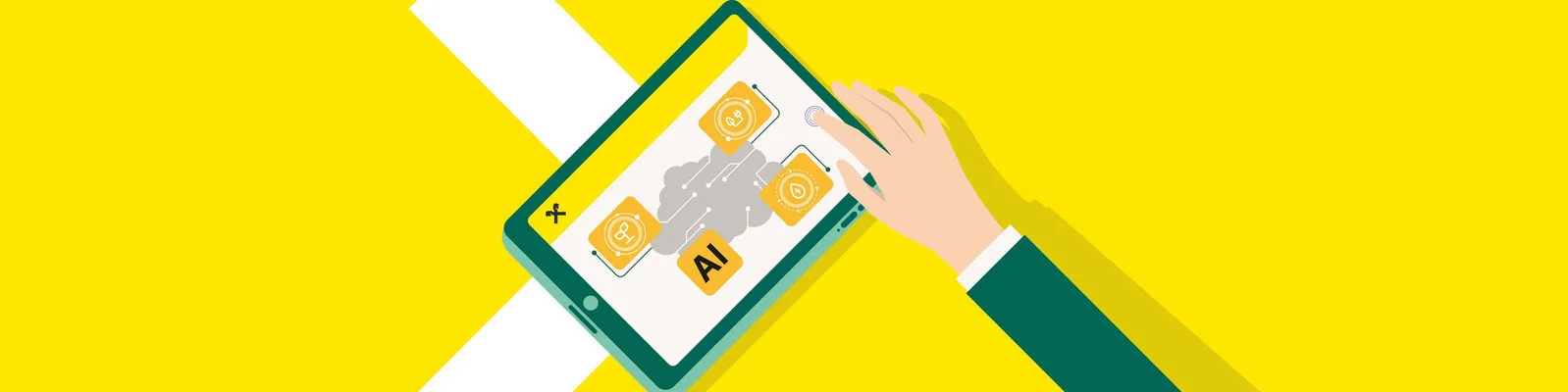 Ein gelbes Header-Bild mit einem weißen RBI-Pfeil, darüber eine Hand mit einem Tablet, das eine komplexe Kette von KI-Prozessen zeigt.