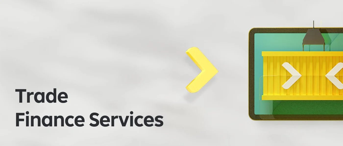 Eine Grafik, die Handelsfinanzdienstleistungen hervorhebt, mit einer digitalen Darstellung eines Versandcontainers und Pfeilen, die Bewegung anzeigen. Die leuchtenden Gelb- und Grüntöne schaffen ein ansprechendes visuelles Element im Zusammenhang mit dem globalen Handel.