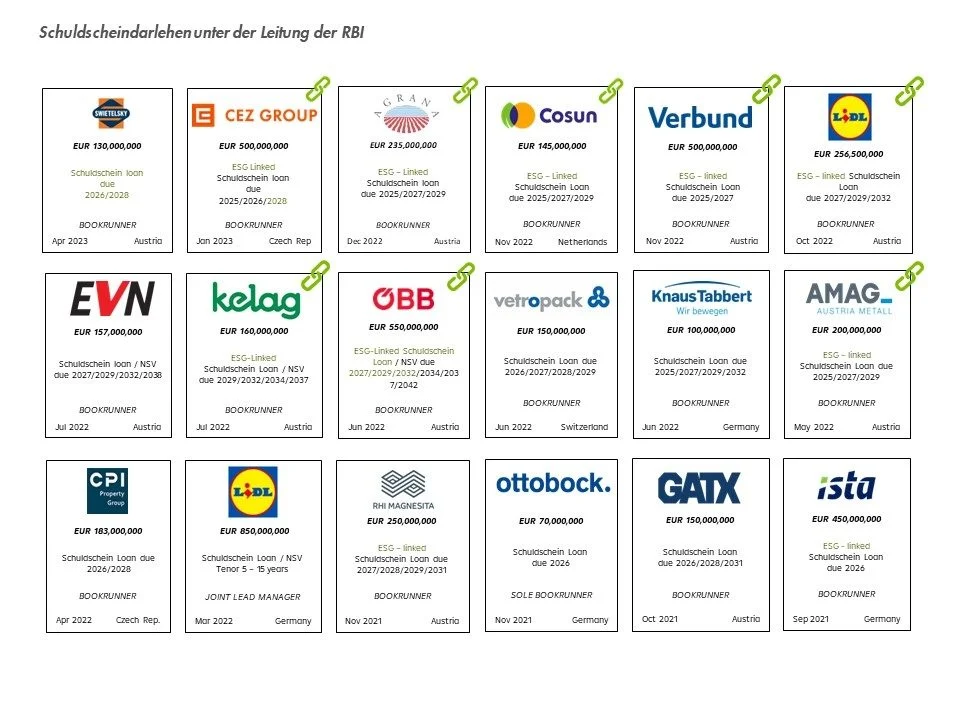 Detaillierte Übersicht über Schuldscheindarlehen, die an österreichische und europäische Unternehmen vergeben wurden – einschließlich Beträgen, Währungen, Emissionsdaten und Kreditgebern.