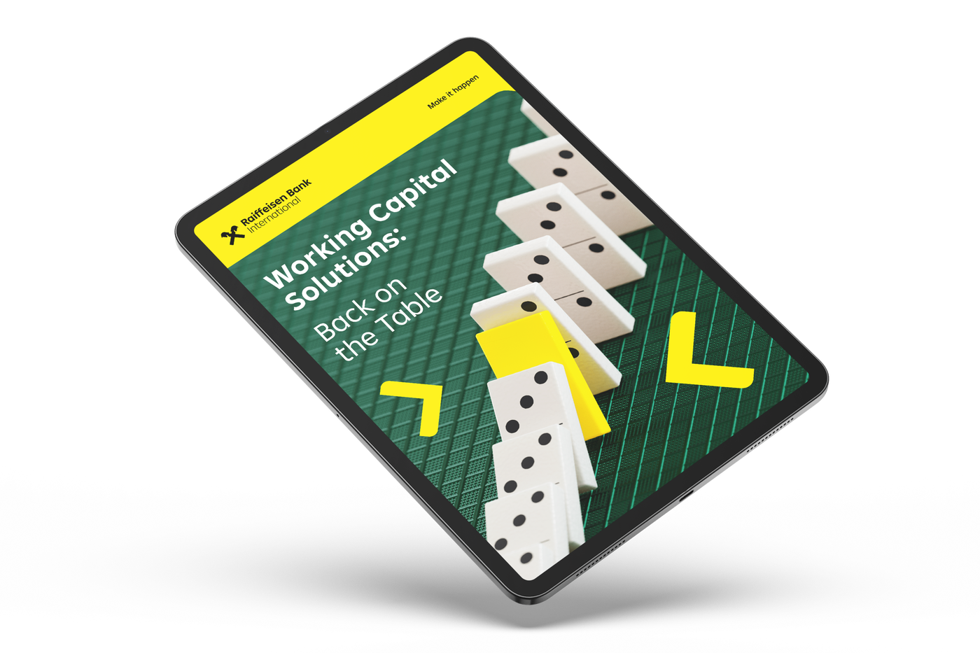 A tablet displaying a Raiffeisen Bank International whitepaper titled 'Working Capital Solutions: Back on the Table' with a visual of domino pieces on a green surface.
