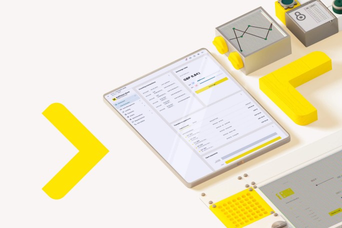 Ein digitales Tablet zeigt eine Finanz-Dashboard-Oberfläche mit verschiedenen Datenpunkten und Diagrammen. Die Umgebung ist ein moderner Arbeitsbereich mit geometrischen gelben Objekten und einem Diagramm im Hintergrund. Die Farbpalette wird von Weiß, Grau und einem leuchtenden Gelb dominiert und erzeugt eine klare und dynamische Atmosphäre. Auf dem Bildschirm werden der Text „GBP SALE“ und numerische Daten angezeigt, was den Geschäfts- oder Finanzkontext unterstreicht.