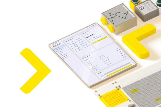 A digital tablet displays a financial dashboard with visible data, including the value 'GBP 9.43'. The setting includes abstract office elements such as charts, graphs, and yellow geometric shapes, suggesting a modern workspace. The color palette is dominated by white, yellow, and gray tones, creating a clean and contemporary look. No people are visible in the image.