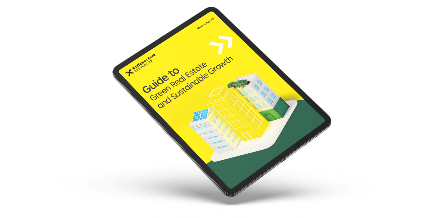 A sleek tablet showcasing a digital guide titled 'Guide to Green Real Estate and Sustainable Growth.' The cover features a bright yellow background with illustrations of eco-friendly buildings and greenery. The design includes bold text and directional arrows, emphasizing sustainability themes.