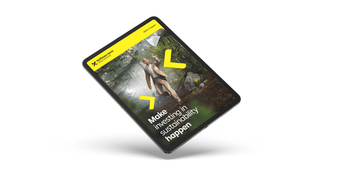 A tablet device featuring a cover design promoting sustainability. The image shows a person walking in a lush, green forest setting, emphasizing nature and eco-conscious themes. Bright yellow arrows and the text 'Make investing in sustainability happen' are prominently displayed. The design conveys a modern and optimistic mood.