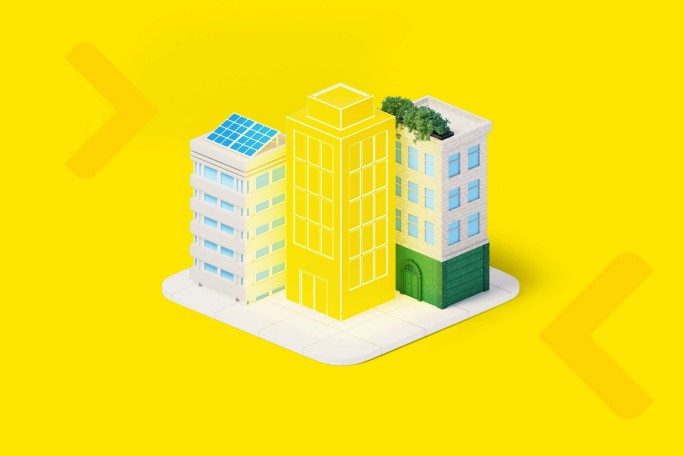 A vibrant illustration of three urban buildings, including one with solar panels and another with rooftop greenery. The setting features a bright yellow background with abstract arrow visuals. The central building is painted entirely in yellow, emphasizing a modern and eco-friendly aesthetic.