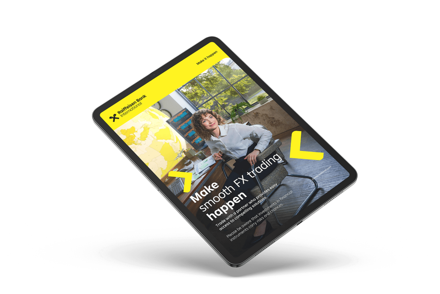 A tablet screen shows a Raiffeisen Bank International advertisement for smooth FX trading, with a modern office background and yellow branding elements.