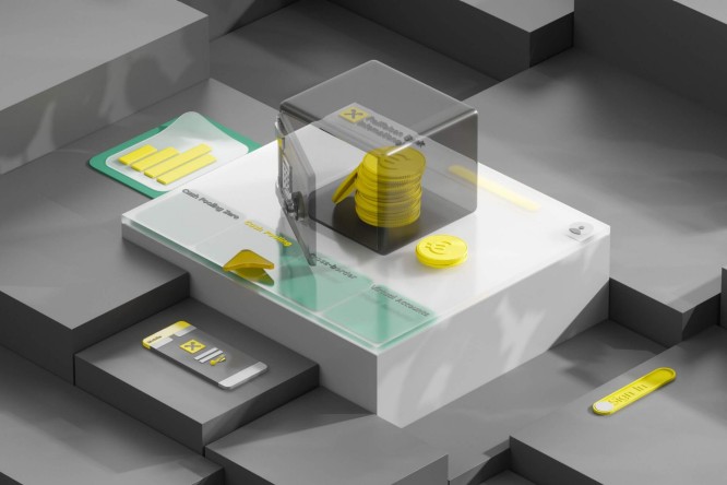 Dieses Bild zeigt ein modernes Bargeldmanagementsystem mit einem transparenten Behälter mit gelben Münzen und einer digitalen Schnittstelle mit den wichtigsten Funktionen. Es symbolisiert die Integration von physischem Bargeldmanagement mit digitalen Banklösungen für ein effizientes Finanzmanagement.