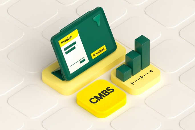 Eine 3D-Illustration mit einer digitalen Rechnungsschnittstelle, Download-Option und CMBS-Analyse (Commercial Mortgage-Backed Securities) als Symbol für effizientes Finanzmanagement.