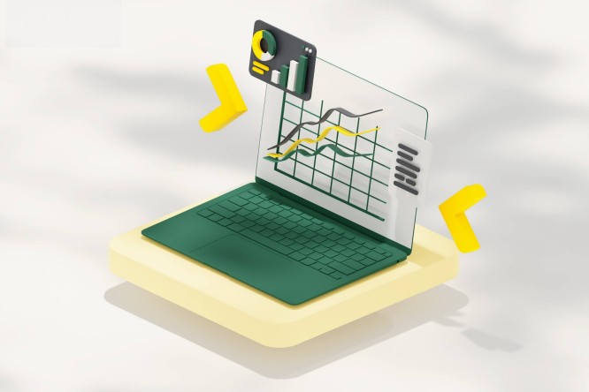 Digitale Dienste 3D-Illustrationen mit einem Computer und Diagrammen