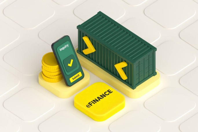 Abbildung eines mobilen Abfragebildschirms, von Münzen und eines Versandbehälters, die Finanzdienstleistungen, Kreditabwicklung und digitales Banking symbolisieren.