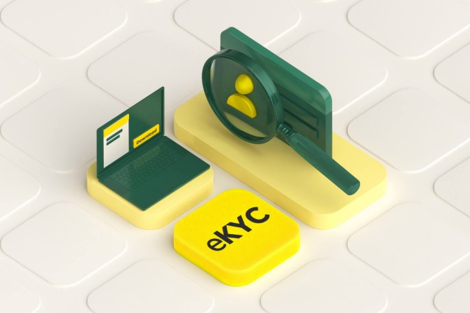 Illustration of a magnifying glass over a user profile, a laptop with a download icon, and a yellow "eKYC" button, representing digital identity verification and electronic onboarding.