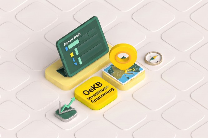 Die isometrische Illustration zeigt ein grünes digitales Dashboard mit der Bezeichnung „Zahlungsdetails“ und Diagrammen und Balken. Daneben befinden sich stilisierte Finanz- und Navigationssymbole, darunter ein gelber Block mit der Aufschrift „ÖKB Investitionsfinanzierung“ und eine kleine Karte mit der Markierung „Hauptsitz“. Die Szene ist auf einer hellen, gekachelten Oberfläche mit weichen Schatten und Pastellfarben angeordnet. Insgesamt vermittelt die Komposition den Eindruck moderner Investitionen, Zahlungsabwicklung und Navigation in Unternehmenszentralen.