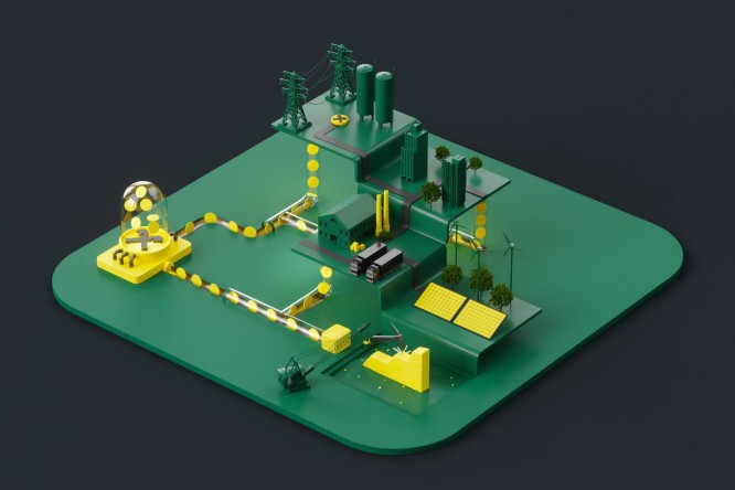 3D-Illustration eines intelligenten Energienetzwerks mit erneuerbaren Energiequellen, Fabriken, Transport und digitalem Währungsfluss, das die Integration von Technologie in nachhaltige industrielle Ökosysteme darstellt.