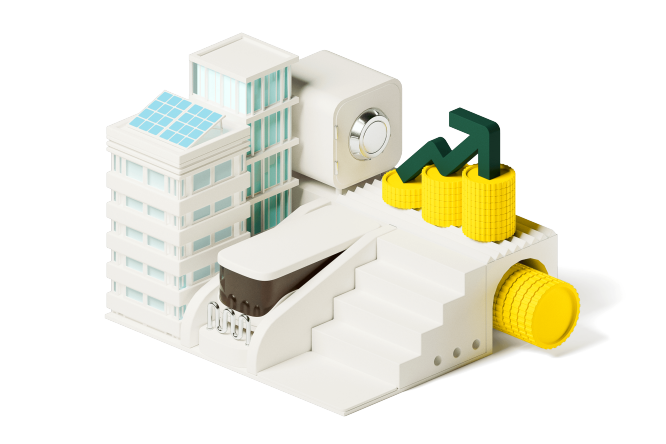 3D-Illustration moderner Bürogebäude mit Solarpaneelen, einem sicheren Tresorraum und Münzstapeln mit einem nach oben zeigenden Pfeil, der nachhaltiges Finanzwachstum, Investitionen und wirtschaftlichen Fortschritt symbolisiert.