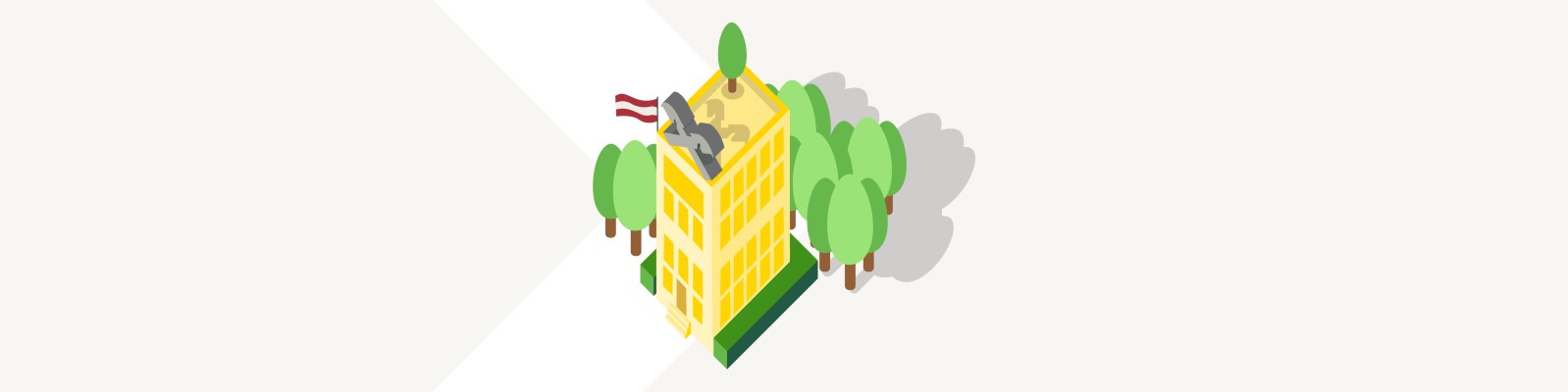 A stylized illustration of a yellow building surrounded by green trees. The building features a dome on top and a flag waving prominently. The setting is minimalistic with a clean, white background and geometric visuals.