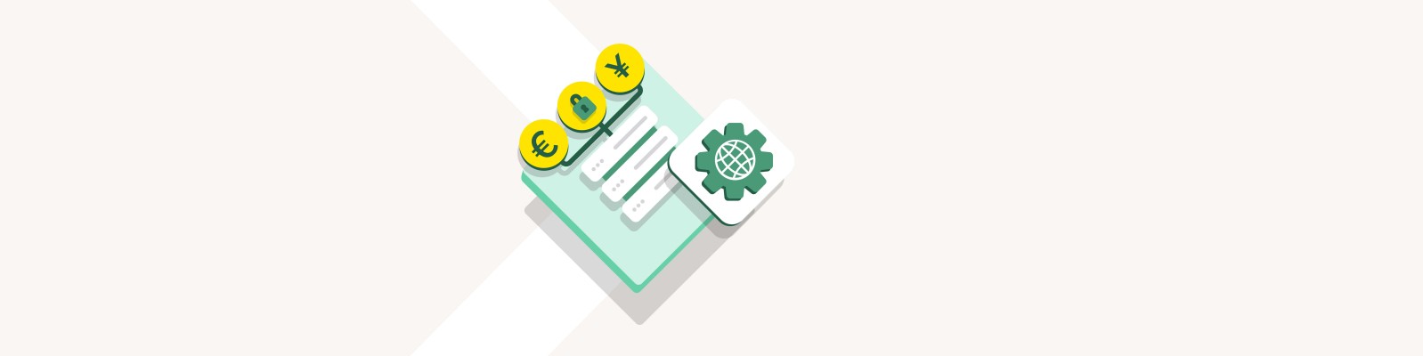 A graphic illustration featuring three currency symbols (Euro, Dollar, Yen) on yellow circular icons. The icons are placed above a document and a gear symbol, suggesting financial or operational themes. The background is minimal with soft beige tones and diagonal white accents.