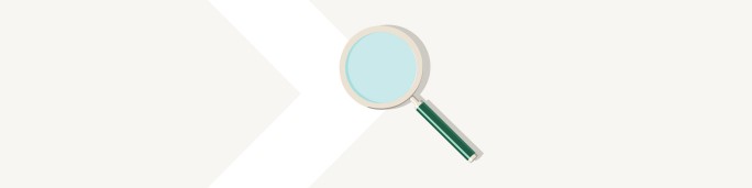 A simple illustration of a magnifying glass with a green handle and a light blue lens. The design features a clean, minimalist style on a beige background with a diagonal white stripe. No visible text or numeric values are present in the image.