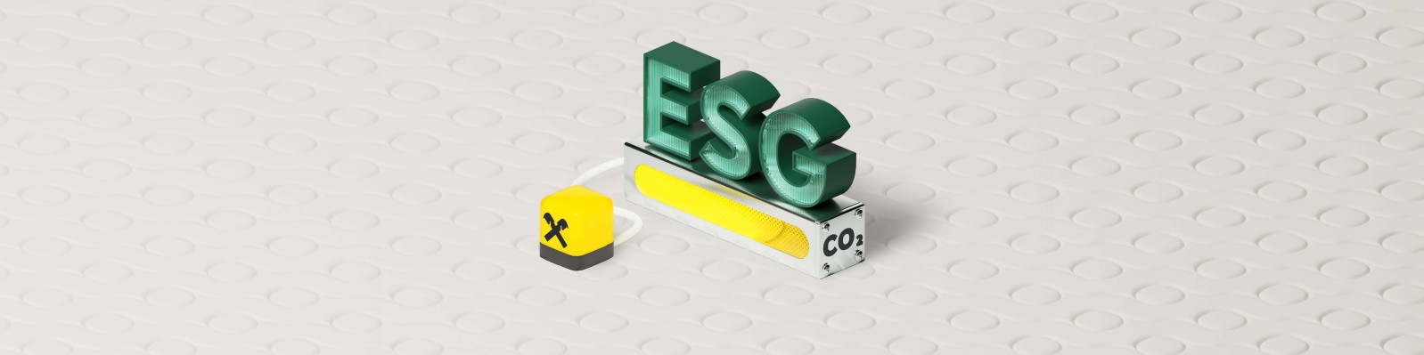 Eine 3D-Illustration zeigt große grüne „ESG“-Buchstaben auf weißem, gemustertem Untergrund. Daneben befinden sich ein gelber Block mit einem schwarzen „X“ und ein weißer Block mit der Aufschrift „CO2“. Die Szene ist minimalistisch gestaltet, mit neutralem Hintergrund und farblichen Akzenten.