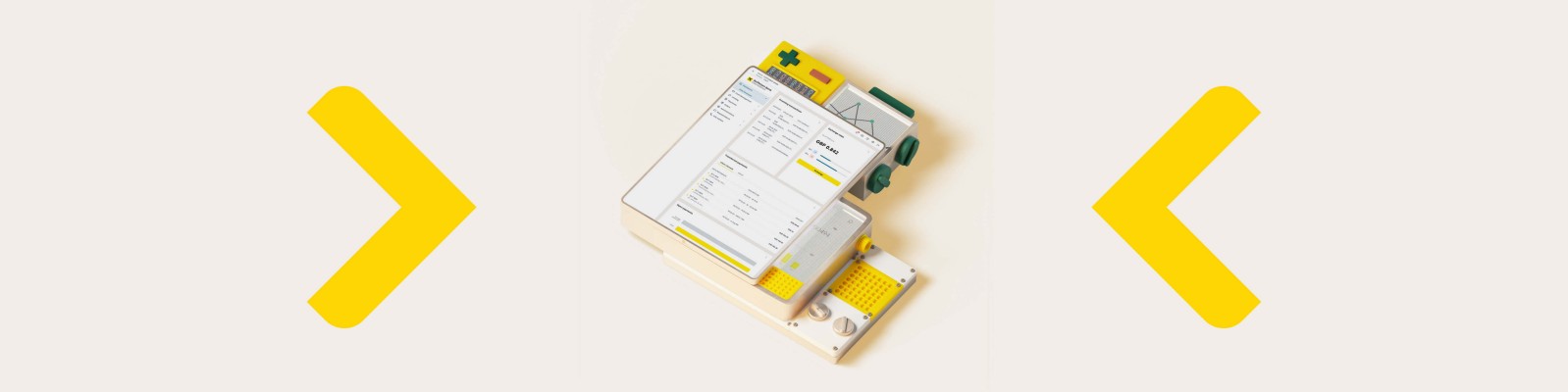 Ein Materialkasten steht im Zentrum eines hellen Hintergrunds, flankiert von zwei großen gelben Pfeilen. Auf dem Kasten befindet sich ein gut sichtbares Etikett mit Text und einem grünen Kreuzsymbol. Die Farbpalette ist insgesamt klar und minimalistisch, dominiert von Weiß- und Gelbtönen. Es sind keine Personen im Bild zu sehen.