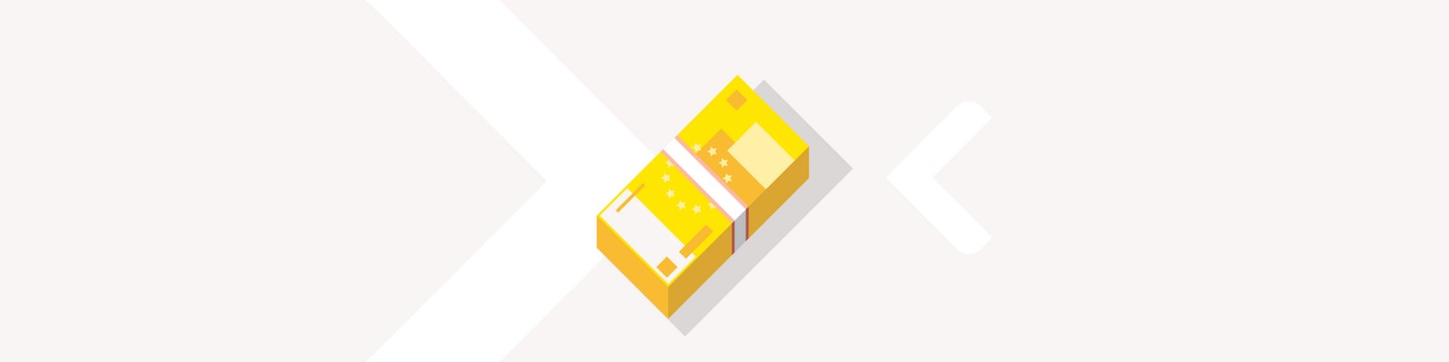 Eine stilisierte Illustration eines gelben Blocks mit geometrischen Mustern und Highlights. Das Design zeichnet sich durch klare Linien und eine moderne Ästhetik aus, die sich von einem hellen Hintergrund mit sich überschneidenden Formen abhebt. Die Komposition betont Schlichtheit und lebendige Farbtöne.