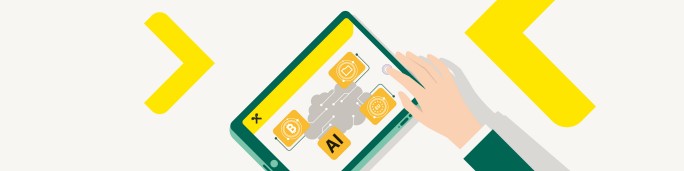 A stylized illustration shows a hand touching a digital tablet displaying various icons, including one labeled 'AI'. The scene uses a minimalistic design with bold yellow arrows and a clean white background. The visual emphasizes technology, artificial intelligence, and digital interaction. The hand appears to be adult, and the overall palette is bright and modern.