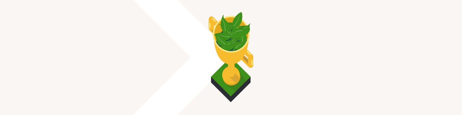 Eine Illustration eines goldenen Pokals, der mit grünen Blättern gefüllt ist, als Symbol für Nachhaltigkeit und Erfolg auf hellem Hintergrund.