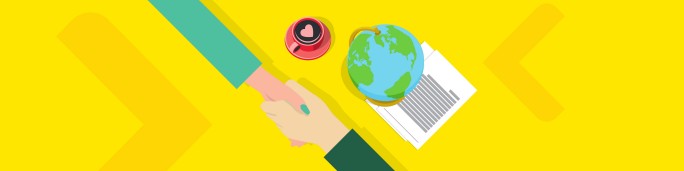 Illustration of two hands shaking over a desk with a globe and a cup of coffee. The setting is bright and vibrant, featuring a yellow background with abstract arrow visuals. The globe and document suggest themes of global collaboration or business partnerships.