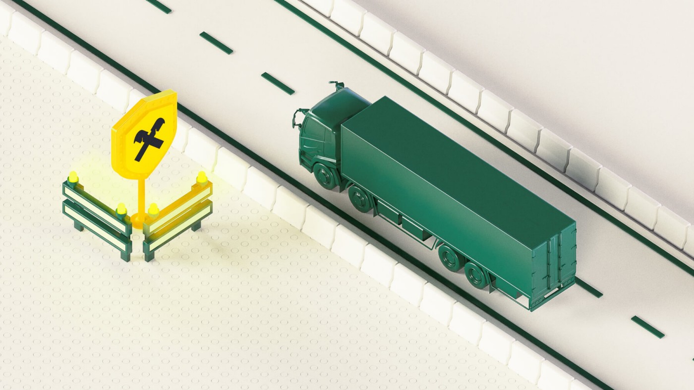 A green truck drives along a highway with a visible repair warning sign nearby. The road features white lane markings and protective barriers. The scene is minimalistic, with a clean and structured design emphasizing transportation and road safety visuals.